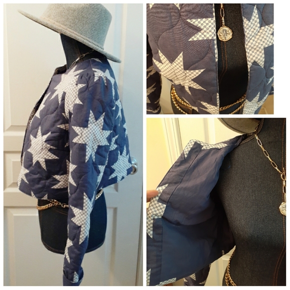 💎NWT Star Quilted Blue & White Crop Jacket - Picture 2 of 14